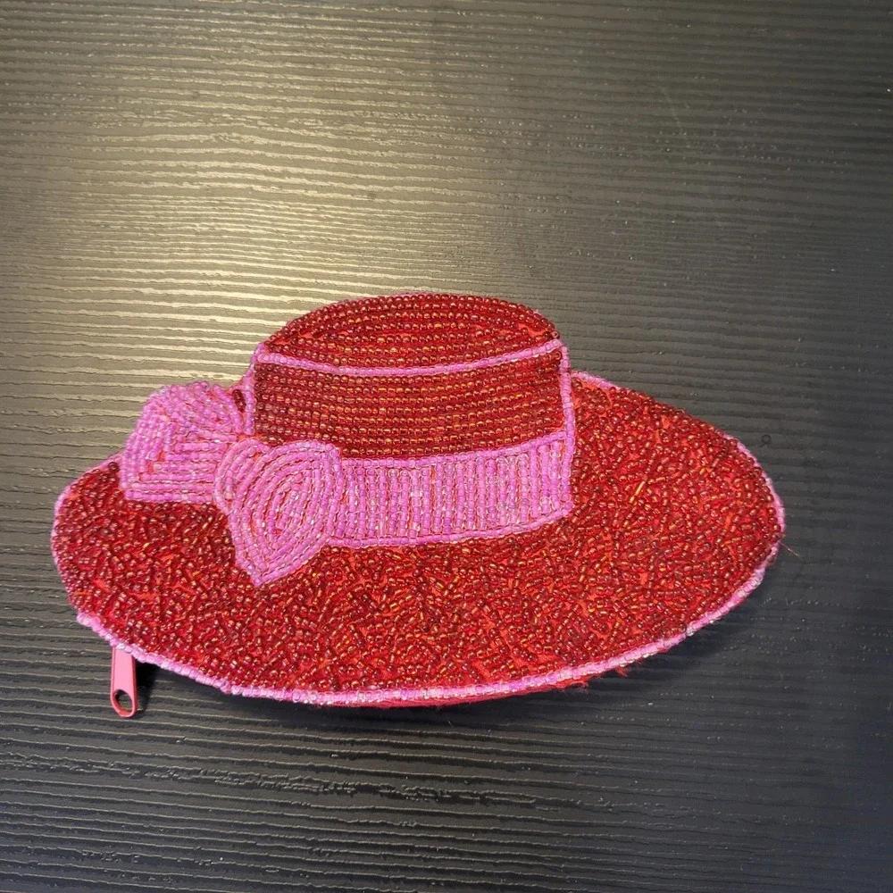 Red Beaded Coin Purse Fashionable Hat Small Bag Red Hat Society Gift Pink Ribbon
